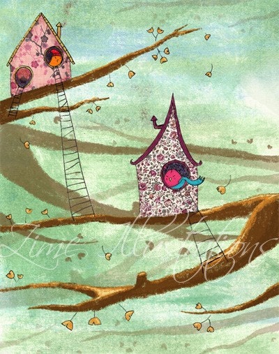 FREE SHIPPING Children wall art print - Autumn Day children bedding 6 x 8 print baby shower green lover birdhouse pink fall nursery decor