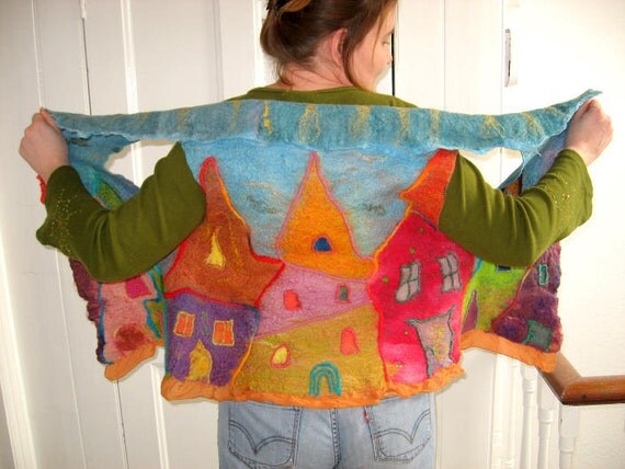 Little Houses Felted  Art  Picture Vest  (mixed merino wool and mulberry silk)
