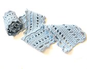 romantic crochet lace scarf for women and teens, cotton and merino wool - pale sky blue, soft, all natural fibers, ready to ship - BaruchsLullaby