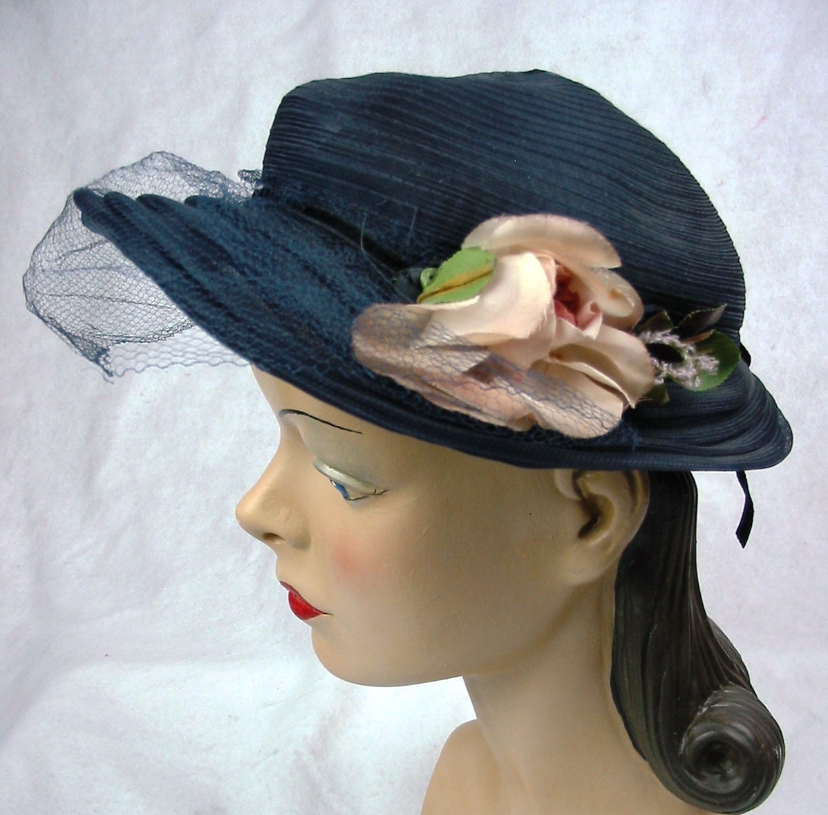 40's 50's Vintage Navy Blue Sheer Hat with Pink Rose and Veil 21