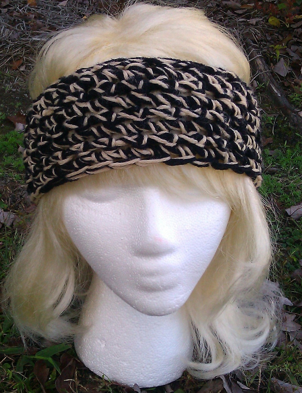 CLEARANCE-Crocheted Black and Beige Headband ear warmer