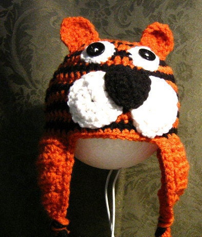 Crocheted Tiger Beanie with Braid and Tassels