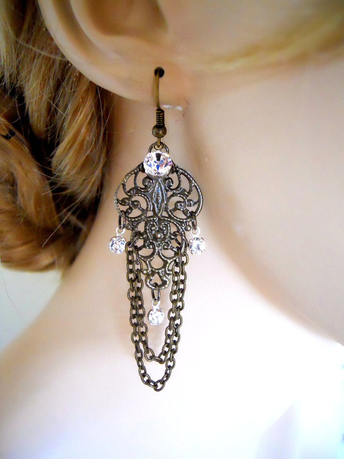 Neo Victorian Earrings Antiqued Brass with crystals and chains Victorian Inspired