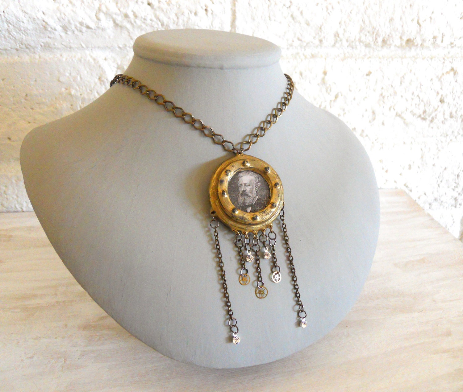 Jules Verne Steampunk Pendant with brass Cogs and Crystals- a tribute to one of my favorite authors