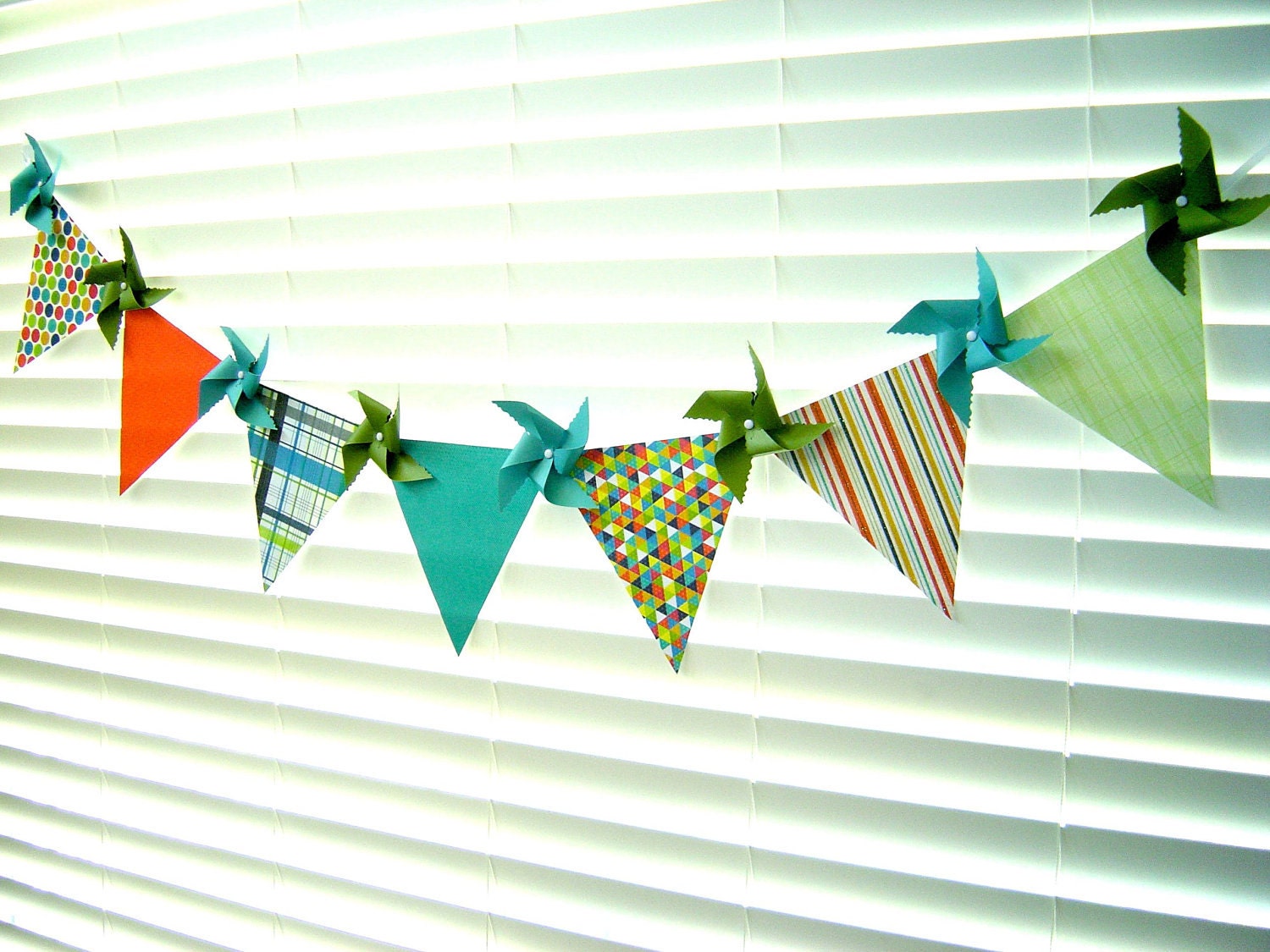LARGE For the BOYS 8 Pinwheel 7 Pennant Aqua Citrus PLAID Garland Banner  (custom orders welcome)