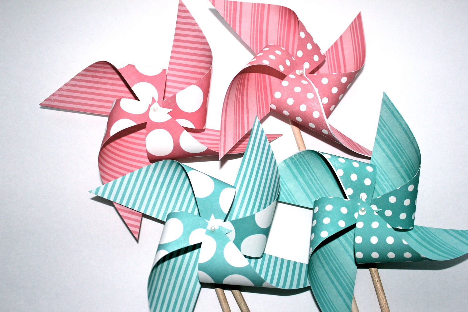 Pinwheels 4 Large Twirlable Pinwheels U Pick PINK and AQUA Blue  Polkadot Garden Gourmet Bouquet (custom orders welcome)