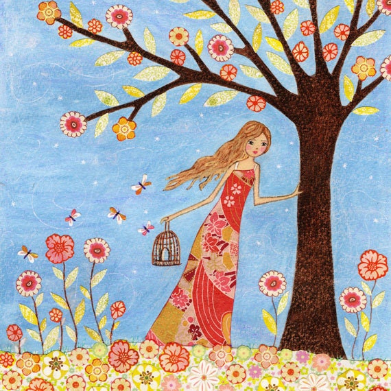 Folk Art Painting, Girl with Birdcage, Nursery Decor, Girls Wall Art Print on Wood