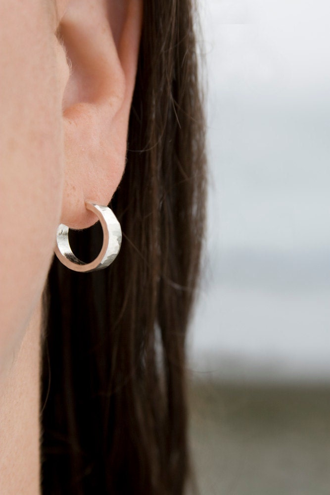 Small Chunky Wide Hammered Silver Hoop Earrings, Blackened Silver or Shiny Silver, Tiny Hoop Earrings,  16mm diameter