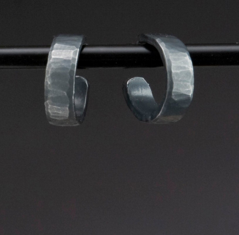 Small Chunky Wide Hammered Silver Hoop Earrings, Blackened Silver or Shiny Silver, Tiny Hoop Earrings,  16mm diameter