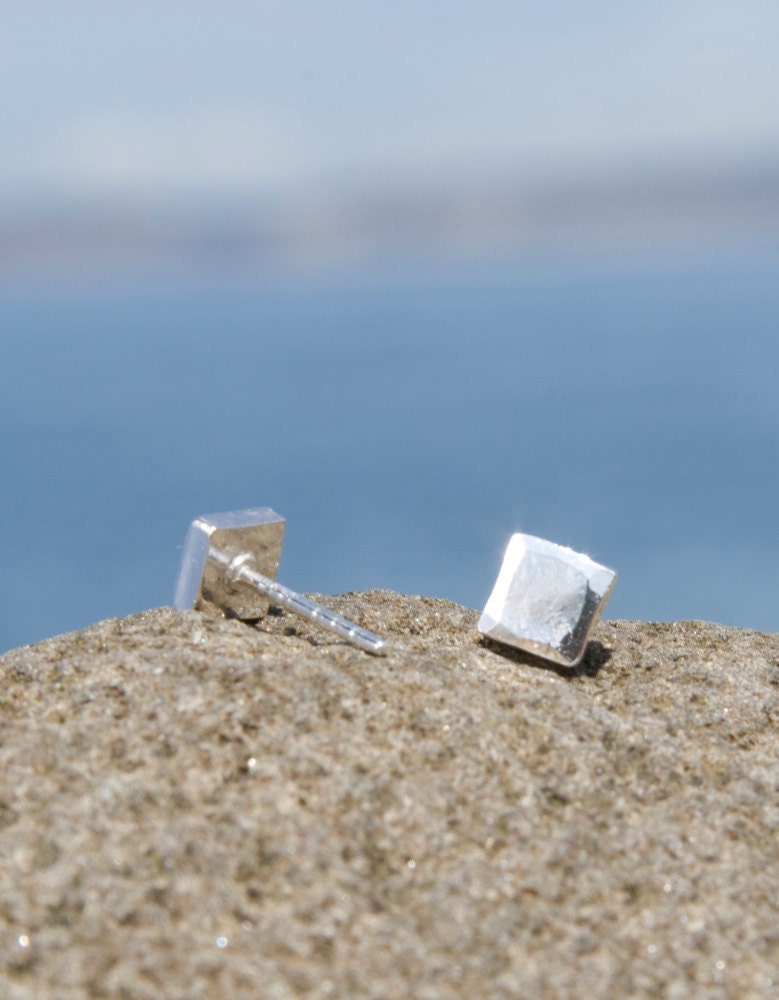 Hammered Silver Stud Earrings- small, square, shiny and sparkly