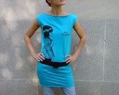Underwater Kate tshirt dress - eco friendly black ink screenprint on teal cotton -  sizes S, M, L, XL