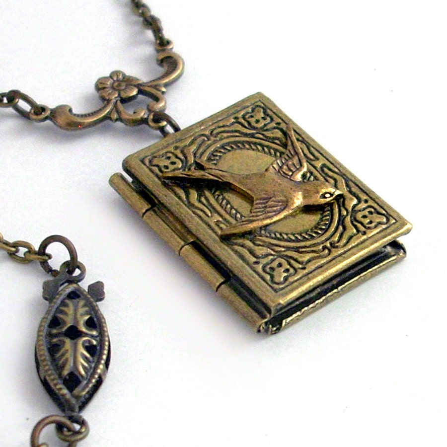Bronze Book Locket - Secrets of Flight - Necklace Pendant Jewelry