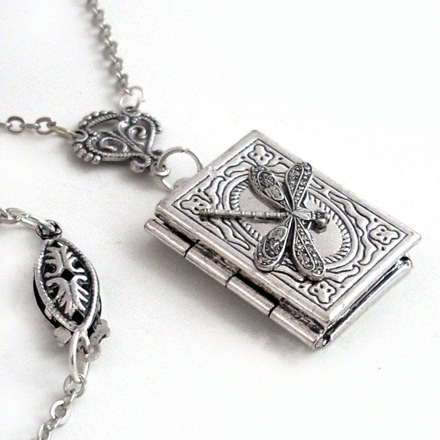 Flight of the Dragonfly - Silver Book Locket Necklace Jewelry