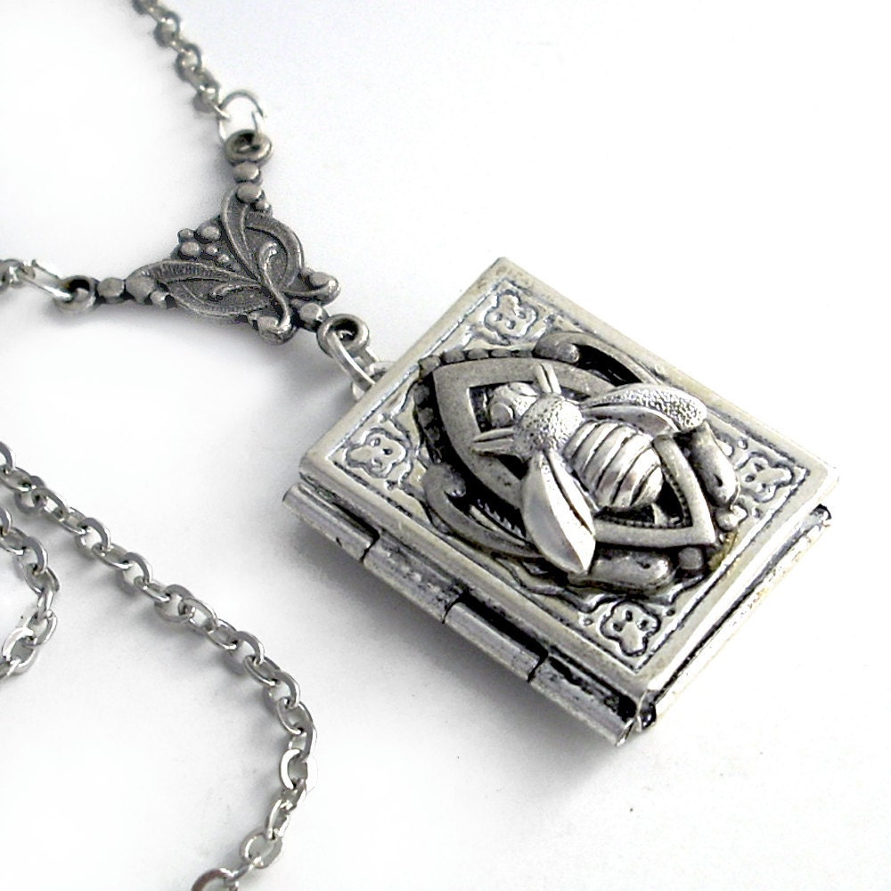 Busy Bee - Silver Book Locket Necklace Jewelry - by Gypsy Trading Company
