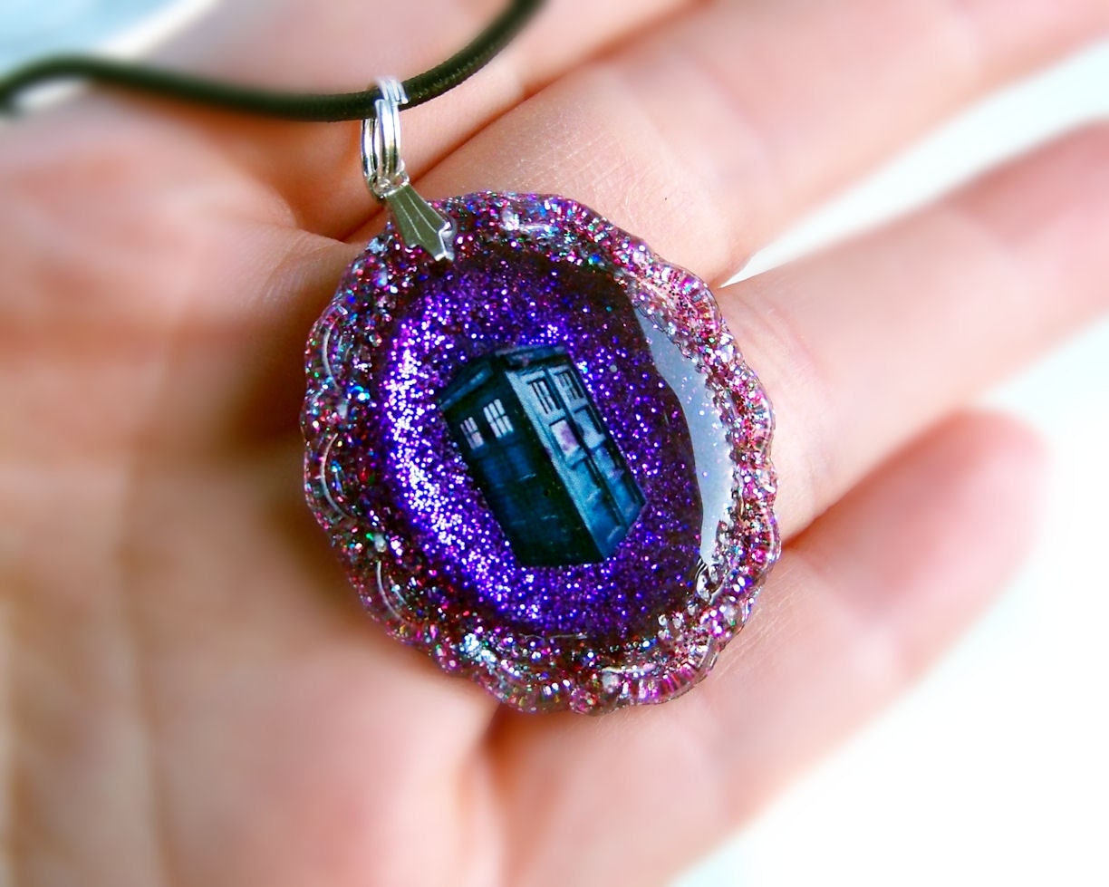 Doctor Who Inspired Fuchsia and Purple Glitter TARDIS Necklace, Handmade Pendant by Bohemian Bear