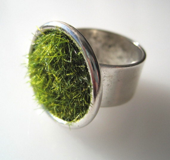 Lush Green Grass Round Silver Ring Wide Adjustable Band