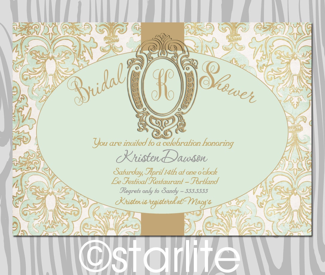 Bridal Shower invitation - vintage style - green distressed damask ...
