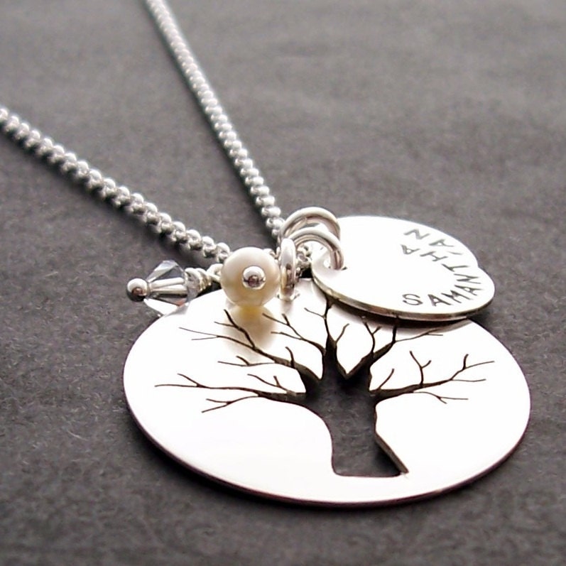 Family Tree Jewelry - Personalized Necklace - Custom Hand Cut Design w/ TWO Children's Names and Birthstones - Sterling Silver Oak Tree