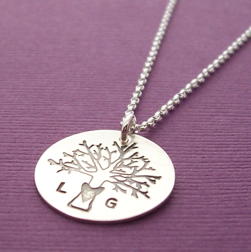 Personalized Necklace - Couples Tree of Life Pendant - Custom Hand Stamped Sterling Silver Jewelry w/ Heart and Initials - Wedding Oak Tree