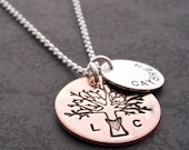 Personalized Necklace - Copper Family Tree Plus One - Custom Hand Stamped Mixed Metal Jewelry by EWD - Couples Initials with Date or Name