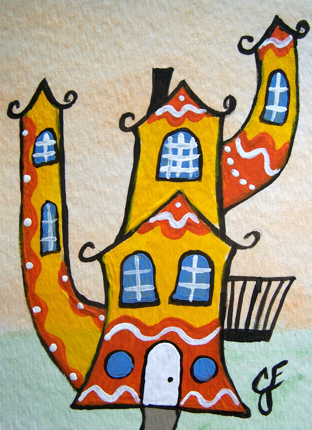 ACEO ATC Yellow Funhouse Crazy House Deco Original Folk Art Painting Ellison