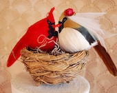 Free Shipping -- Carefree Cardinal Love Birds: Rustic Bride & Groom Wedding Cake Topper and Ornament