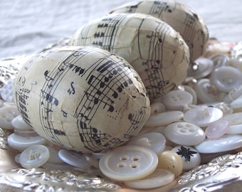 Decoupage Antique Music Eggs - Upcycled Plastic Eggs - Antique Sheet Music- Sepia Tone Antique Paper - Set of 3- Reclaimed Piano Sheet Music