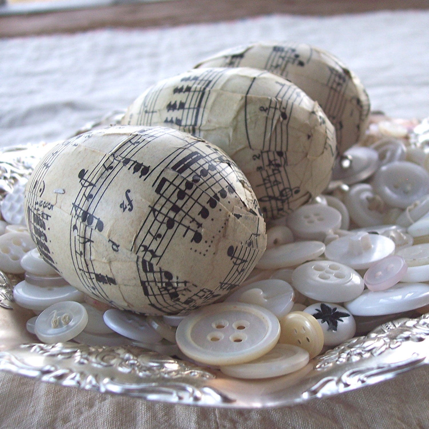 Decoupage Antique Music Eggs - Upcycled Plastic Eggs - Antique Sheet Music- Sepia Tone Antique Paper - Set of 3- Reclaimed Piano Sheet Music