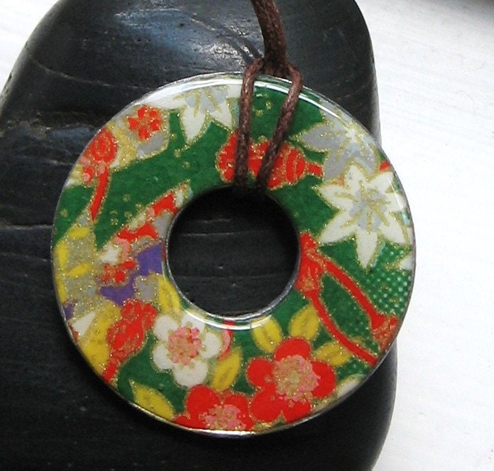 Passion Green Garden Orient Upycled origami paper WASHER Hardware Pendant Necklace