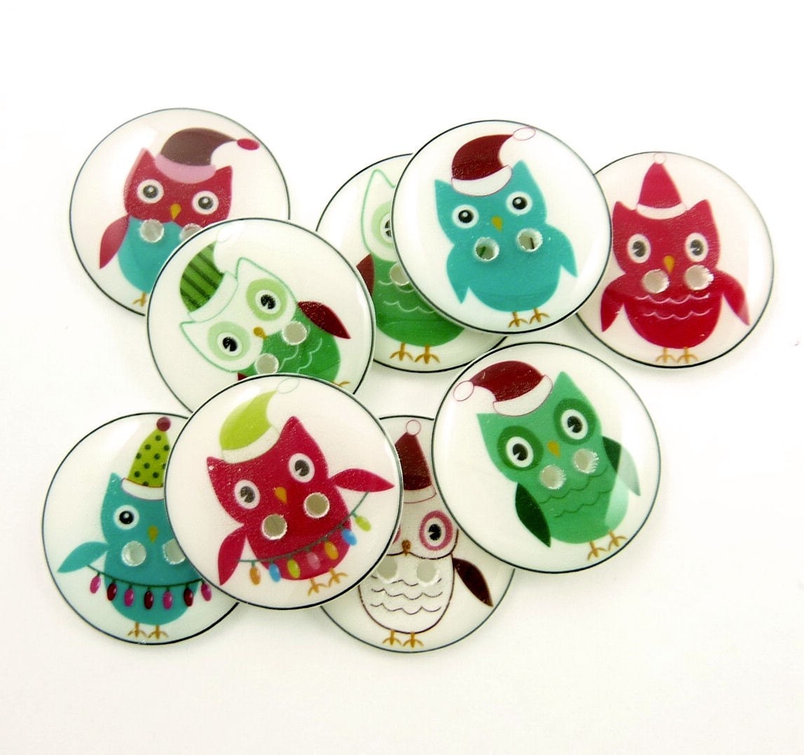 Christmas Buttons. Owl Buttons. 9 Handmade Buttons.