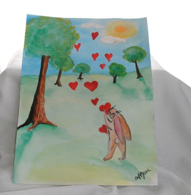 Rabbit Valentine to the world childrens art watercolor