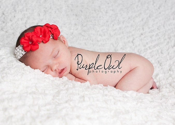 Newborn Baby Flower Headband - Red & White Baby Triple Flower Headband - Preemie/Infant Headband Photo Prop - Holiday/Christmas