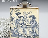 BLUE TOILE french country Necklace - Scrabble Tile Pendant Jewelry - prettywhimsical