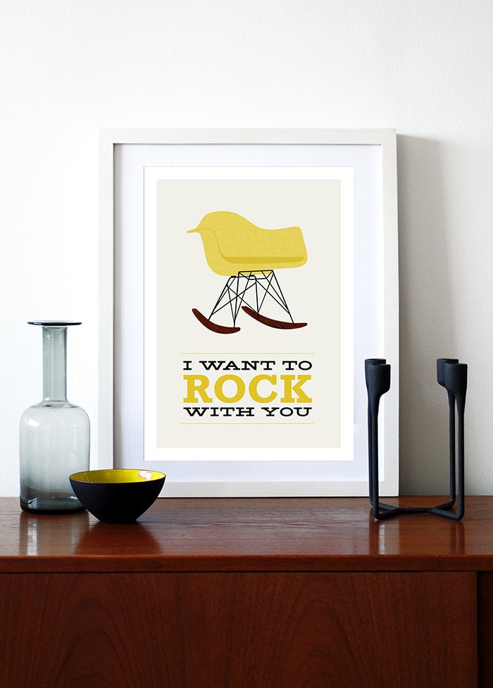 Eames poster print Mid Century Modern vintage chair rocker retro home kitchen art - I Want To Rock With You 2 Yellow - A3