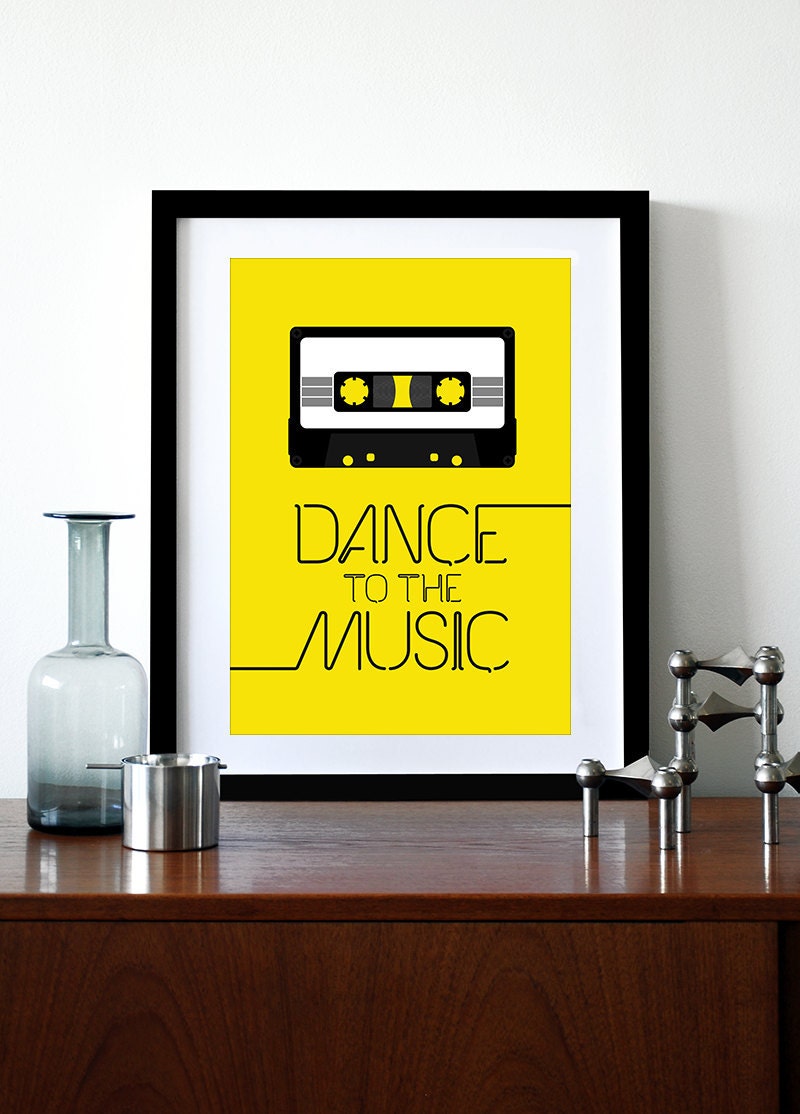 Retro poster print retro typography kitchen art office 70s 80s music cassette tape - Dance to the music A3 Yellow