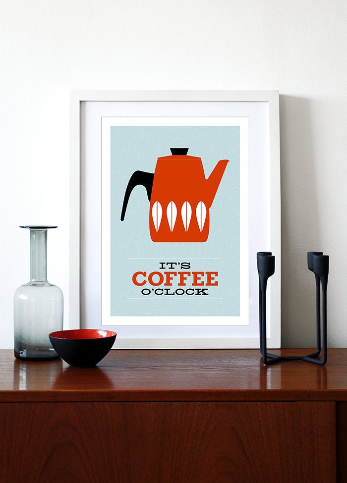 Kitchen art Catherineholm poster print Mid Century Modern retro enamelware coffee tea office print - It's Coffee O'clock Red A3