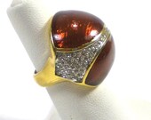 Dome Ring Copper Enamel Rhinestone  Oxblood Burgundy Vintage Jewelry