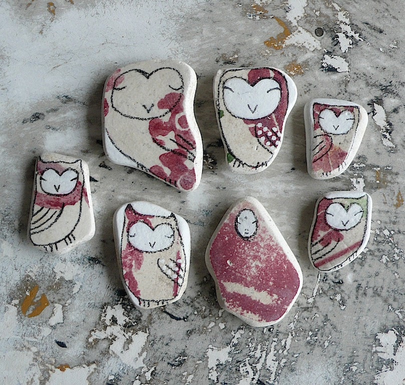 Red Patterned Beach Pottery Collection of Seven - Kuan Yin and Owls