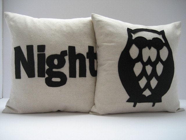 NIGHT OWL in Black - PAIR of pillows / cushions 14in (36cm) Sq