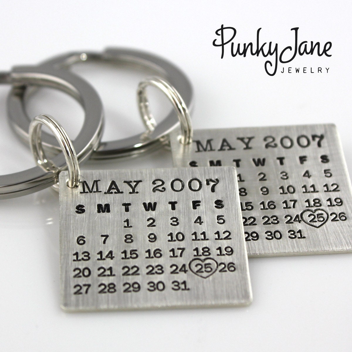 HIS and HERS Mark Your Calendar Keychains hand stamped and personalized sterling silver key chains
