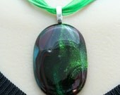 Fused glass necklace green red and blue with green organza ribbon 1458