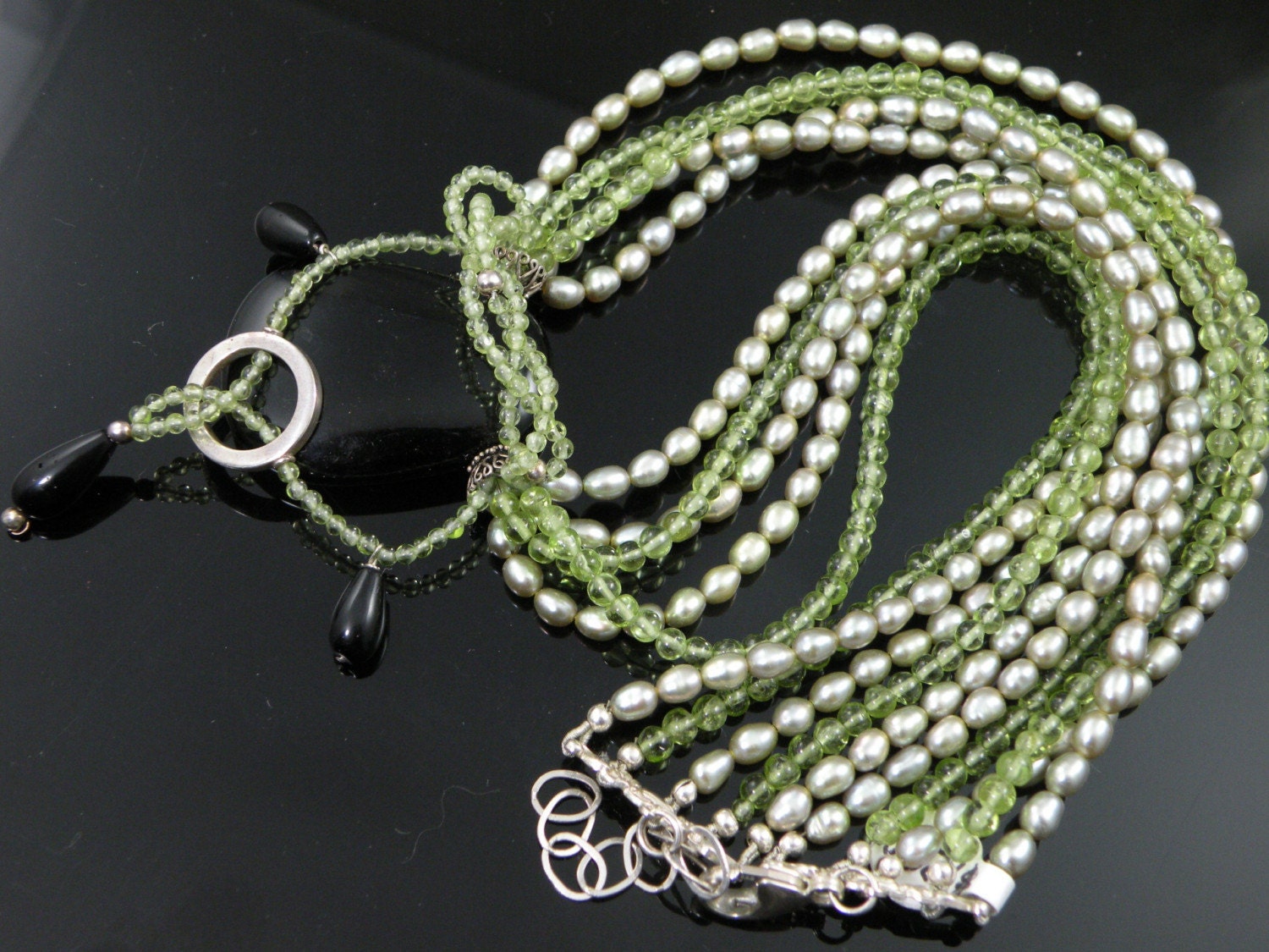 Green and Black-Green Fresh Water Pearls, Peridot, Black Onyx, Sterling Silver Necklace