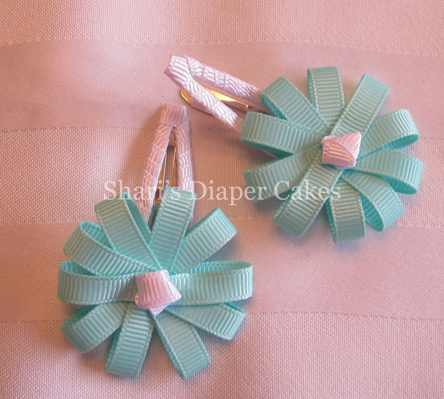 Baby Blue & White Grosgrain Ribbon Flower Snap Hair Clips