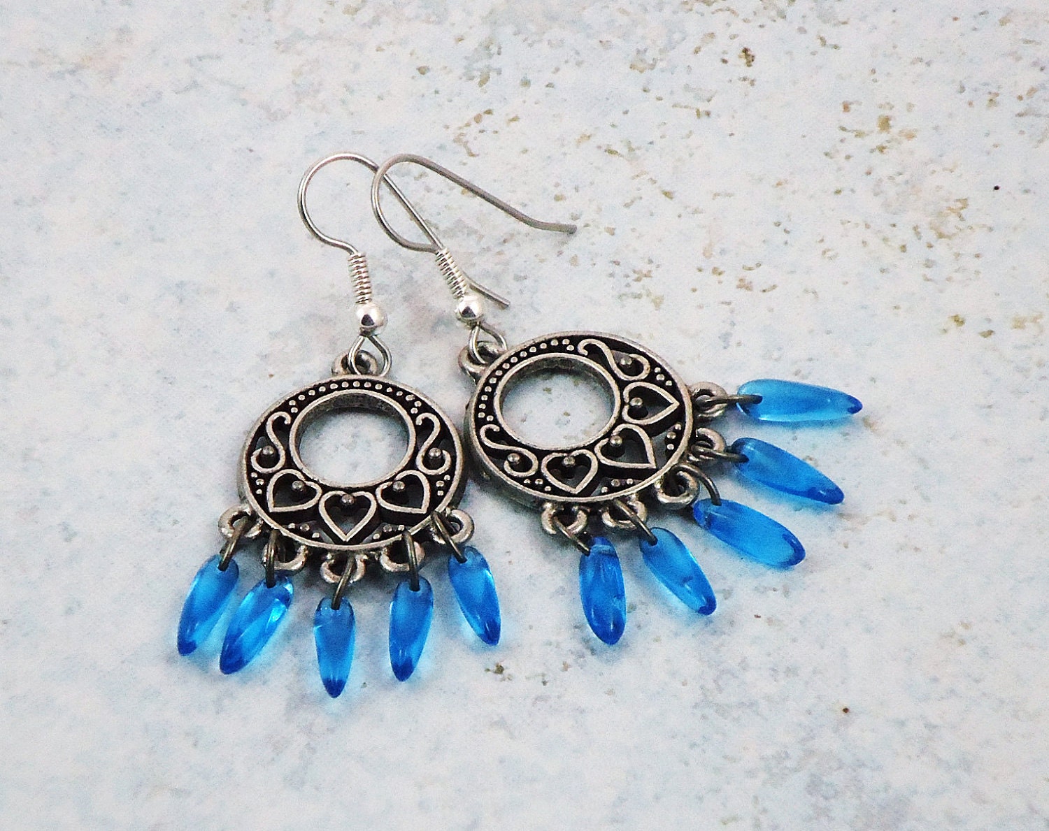 Aqua Dangle Filigree Pewter Heart Design Earrings