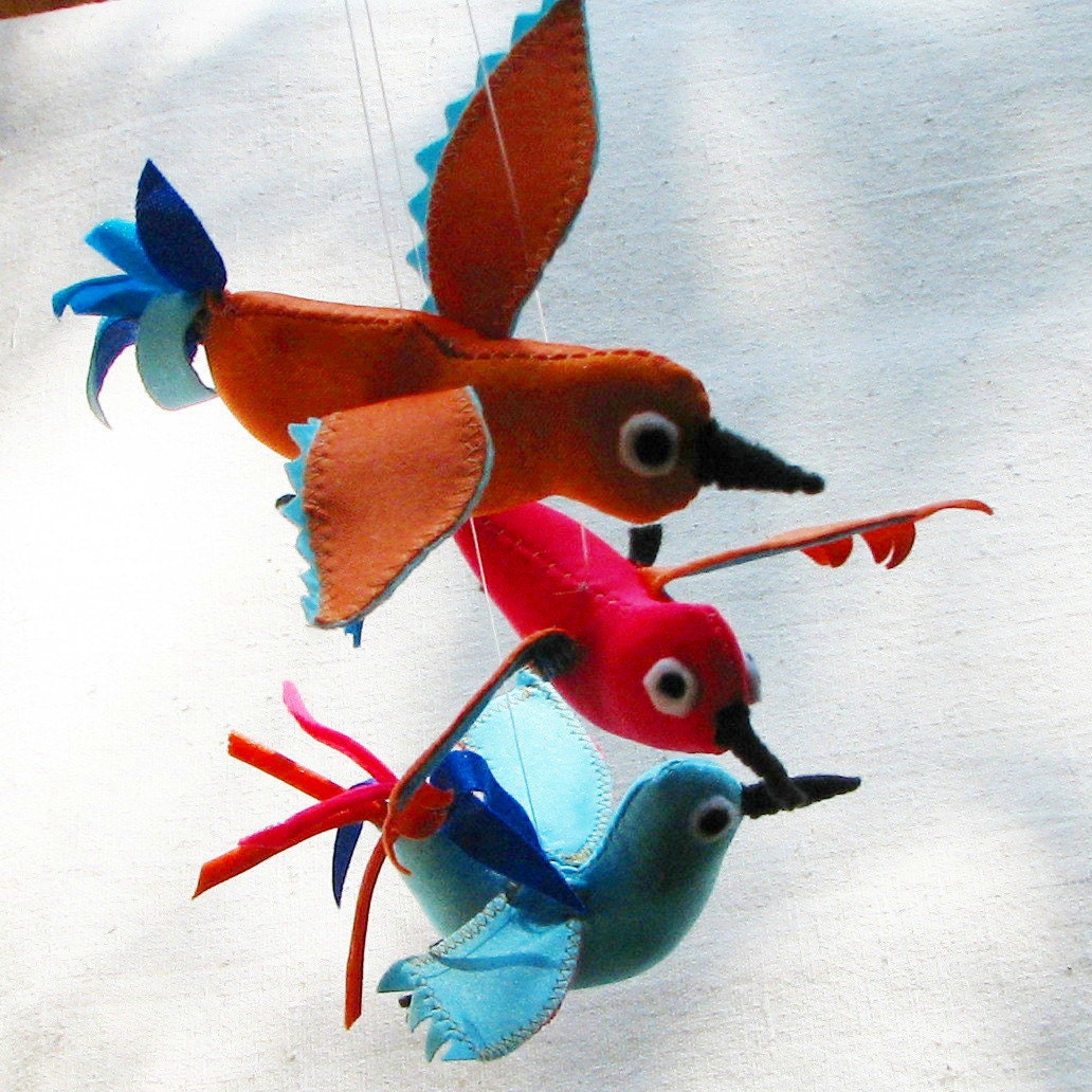 Colorful birds for decorating, soft sculpture in bright orange, turquoise, and coral fabric, set of 3