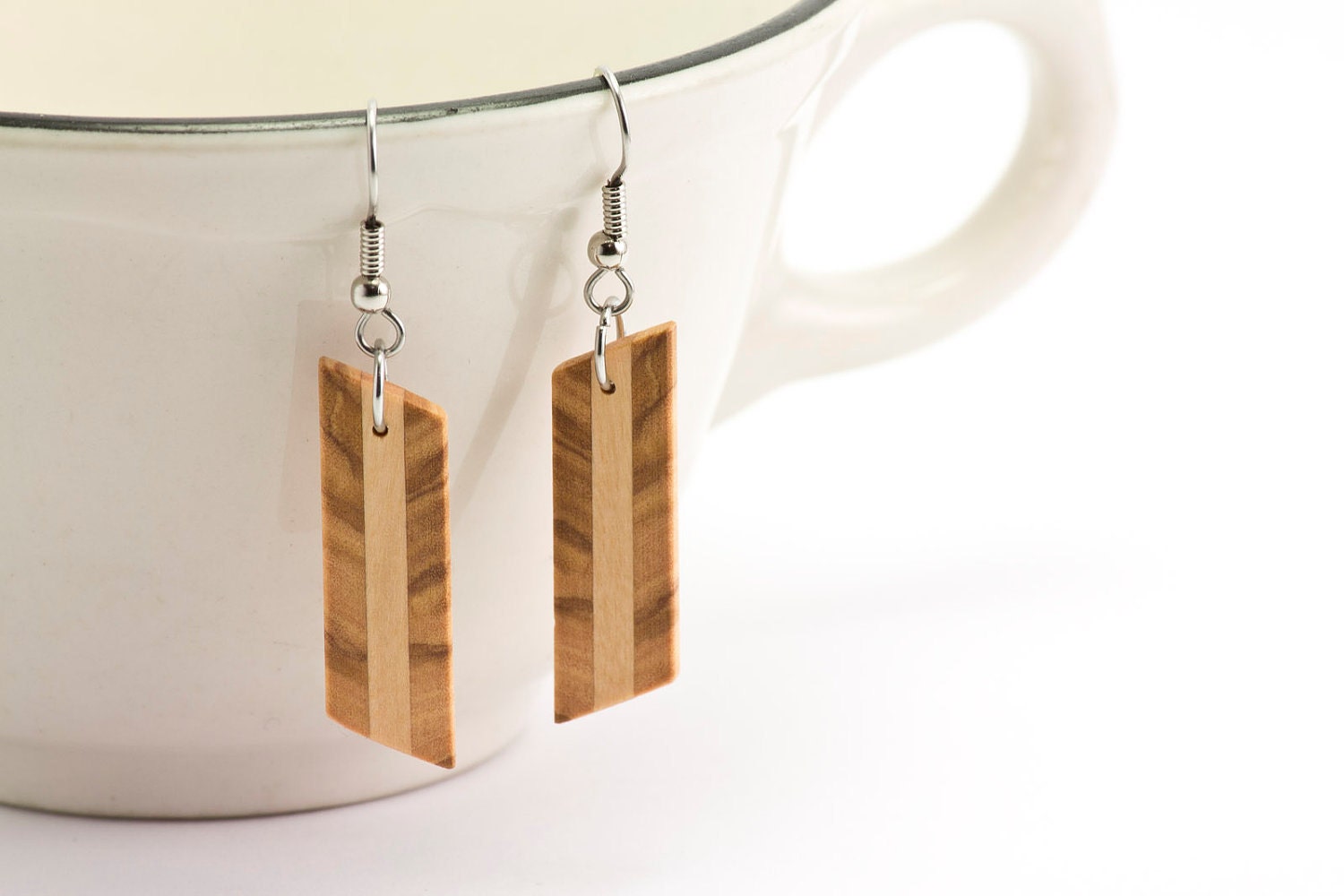 Chevron Patterned Pendant Earrings, Handmade Olive Wood Jewelry