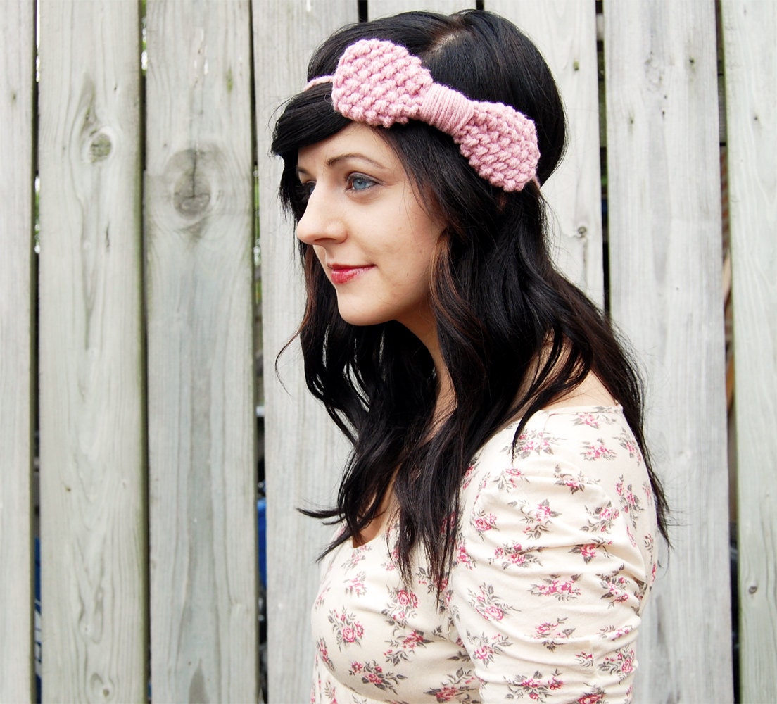 Knit Headband in Light Pink with Large Bow // Adult Pink Bow // Preppy Knitted Headband