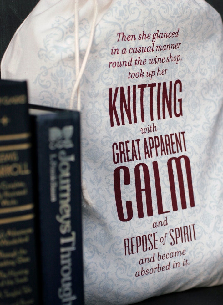 Knitting project bag - Knitted Word "Tale of Two Cities" drawstring bag