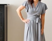 Grey Wrap Dress , Bridesmaid Dress, Custom Dress, Short Ruffled Sleeves 110b, By Lirola