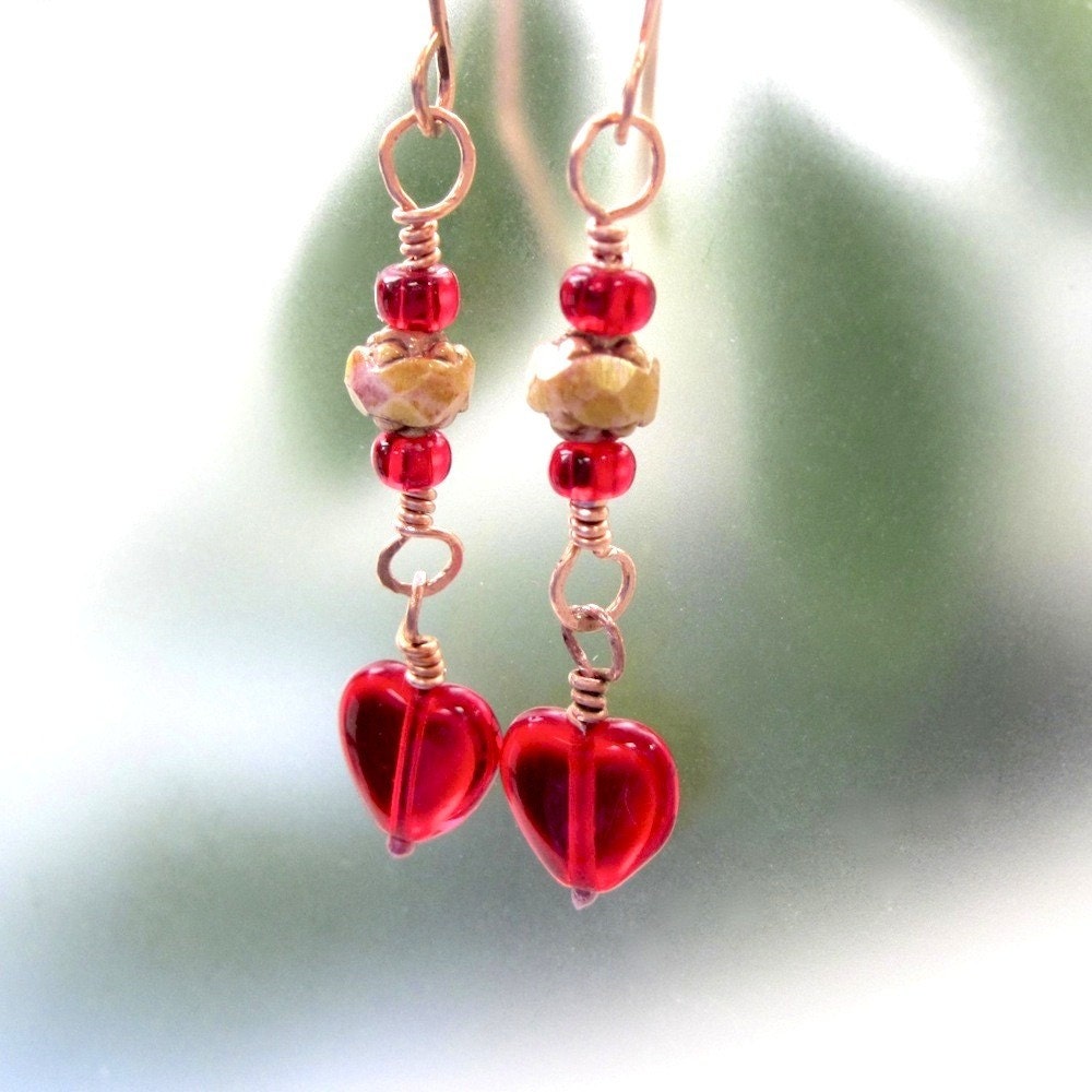 Ruby Red Heart Earrings Romantic Boho Dangles, Earthy Beige Roses